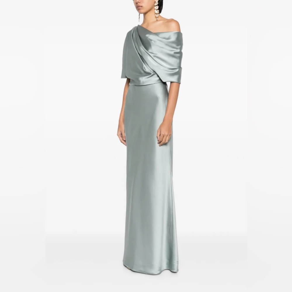 Amsale One-Shoulder Satin Gown in Silver Sage